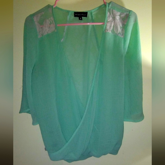 Women's My Michelle sheer V neck blouse with lace back - Picture 3 of 8